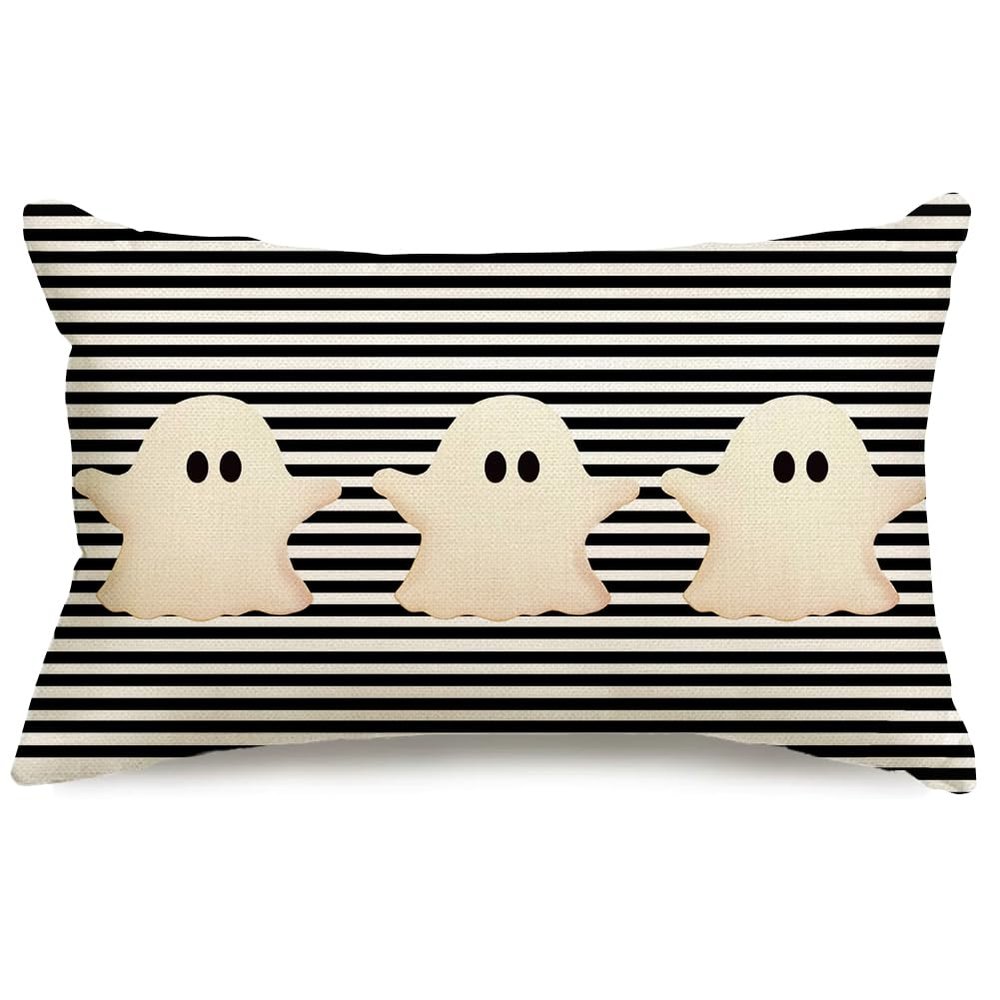 ARGOOFG Halloween Pillow Covers 12x20 White Ghost Decor Black Stripe Pillow Covers Happy Halloween Outdoor Lumbar Pillow Covers Halloween Decorations for Sofa Chair Bed, XT-AHAA24001