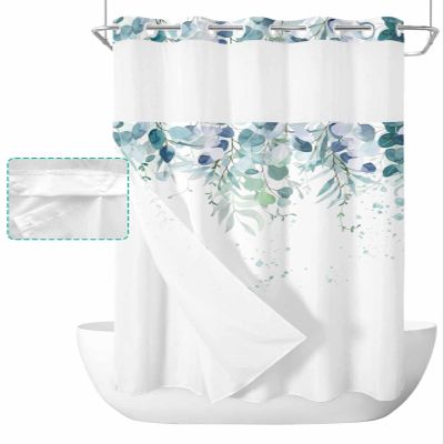 No Hook Leaf Shower Curtain with Snap in Liner Hand Drawn Watercolor Green Eucalyptus Leaves Shower Curtain for Bathroom, Fabric Waterproof Inner Liner, Hotel Style with Mesh Top Window, 36x72