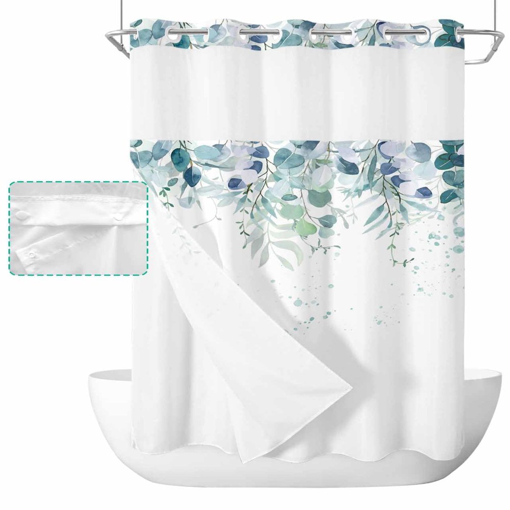 No Hook Leaf Shower Curtain with Snap in Liner Hand Drawn Watercolor Green Eucalyptus Leaves Shower Curtain for Bathroom, Fabric Waterproof Inner Liner, Hotel Style with Mesh Top Window, 36x72