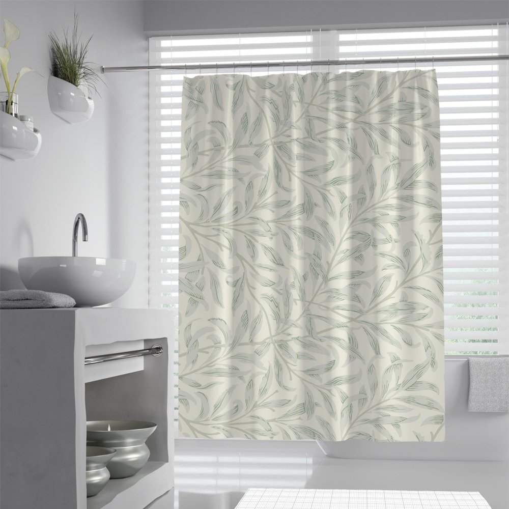 MUKULING William Morris Vintage Farmhouse Classic Shower Curtain Willow Branches and Leaves Pattern Polyester Bathroom Curtain with Hooks W72xL84in