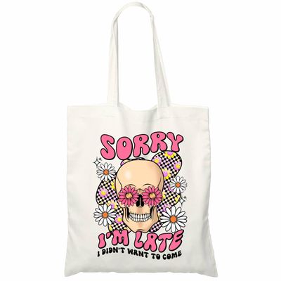 Cudwid Canvas Tote Bag For Woman, Skeleton & Flower Woman Gift, Large Cotton Tote Bags, Office Funny Quotes Bag, Sorry I'M Late, I Didn't Want To Come, Grocery Shopping Bag - A25