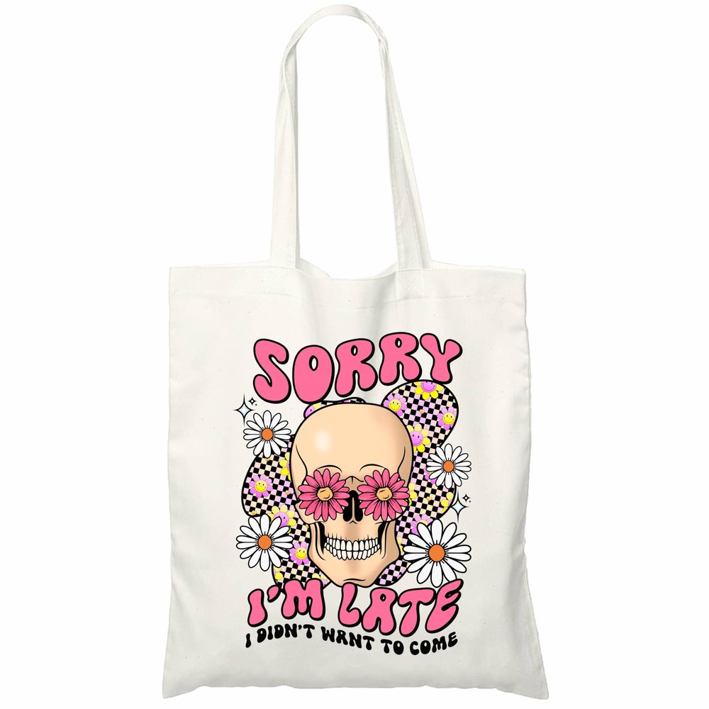 Cudwid Canvas Tote Bag For Woman, Skeleton & Flower Woman Gift, Large Cotton Tote Bags, Office Funny Quotes Bag, Sorry I'M Late, I Didn't Want To Come, Grocery Shopping Bag - A25