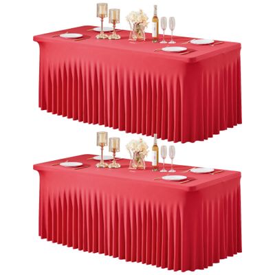 2 Packs Red Table Clothes for 8 Foot Rectangle Tables, Wrinkle Resistant Stretch Spandex Table Covers Fitted Tablecloth with Skirt for Valentines Event Banquet Wedding Birthday Party