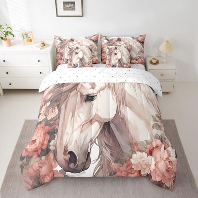 Feelyou White Horse Comforter Set with Sheets Pink Floral and Horse 7 Piece Bedding Set for Kids Boys Girls Spring Petals Bed in a Bag All Season Soft Bed Set Full Size