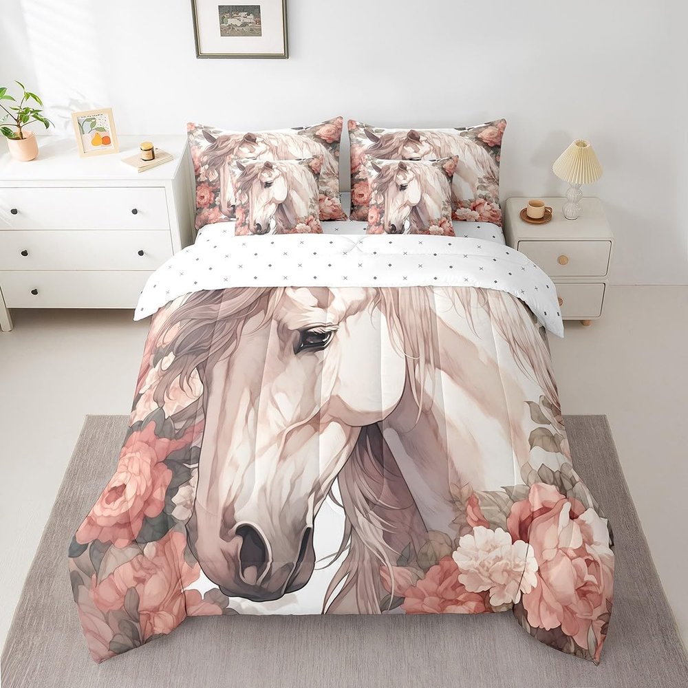 Feelyou White Horse Comforter Set with Sheets Pink Floral and Horse 7 Piece Bedding Set for Kids Boys Girls Spring Petals Bed in a Bag All Season Soft Bed Set Full Size