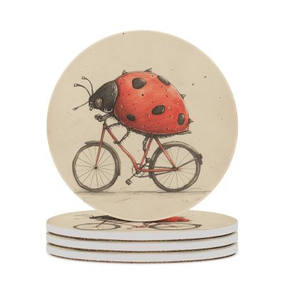 4PCS Drink Coaster Beetle Riding A Bike Absorbent Coasters Set Coffee Table Coasters for Drink Coffee Cup Beverage Coasters Wine Beer Bar Coasters