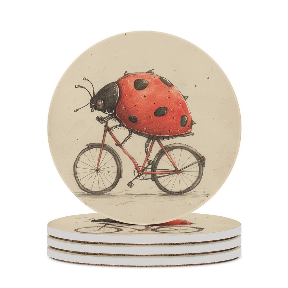 4PCS Drink Coaster Beetle Riding A Bike Absorbent Coasters Set Coffee Table Coasters for Drink Coffee Cup Beverage Coasters Wine Beer Bar Coasters