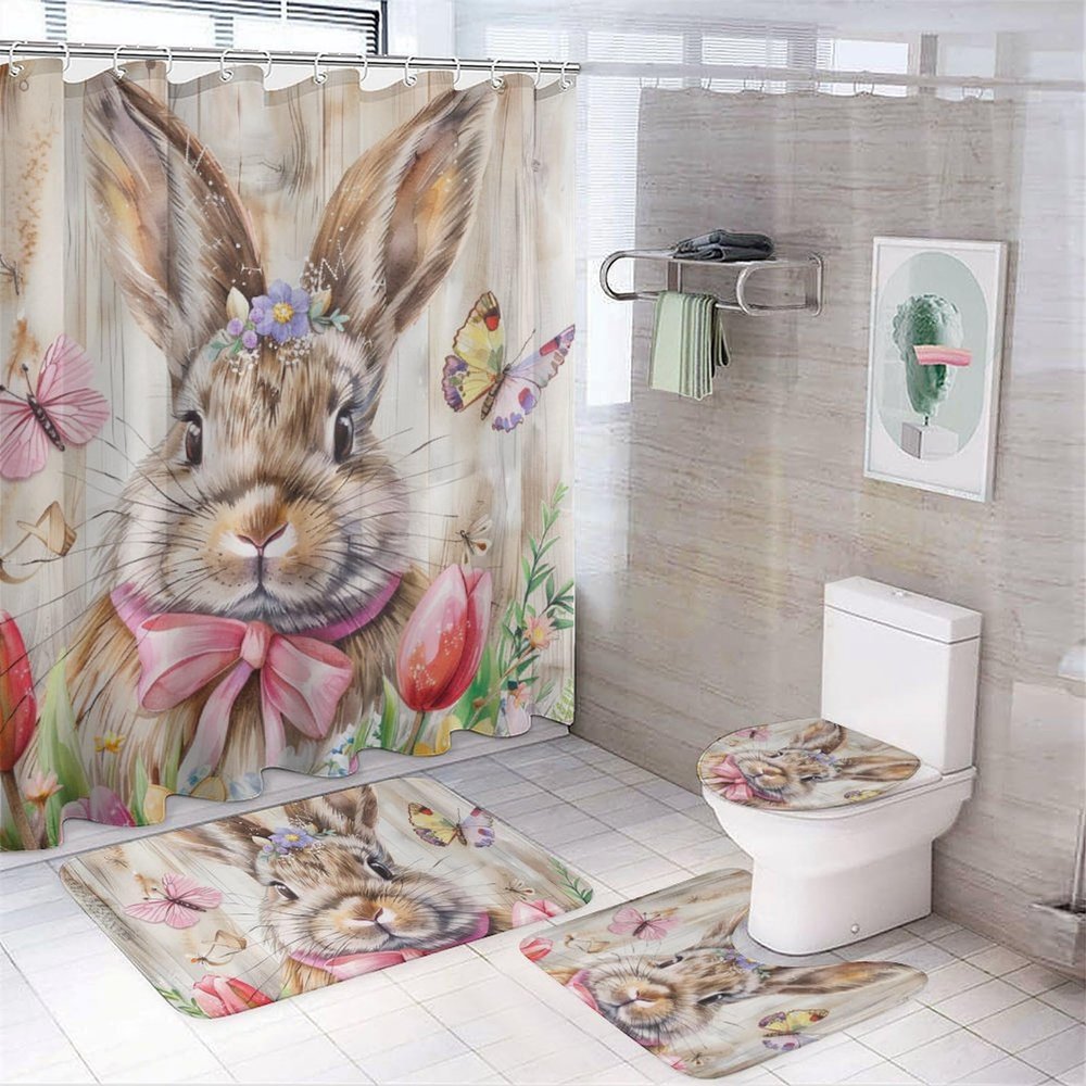 HDESDIS 4Pcs Elegant Rabbit Shower Curtain Set, Fantasy Butterfly Floral Easter Bunny Animal Bathroom Decor Set with Rug Bathroom Accessory Bathroom Curtain Shower Set, 72" x 72"