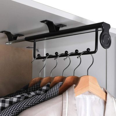 Aluminum Pull Out Clothes Hanger Rail,Push-Pull Coat Wardrobe Organizer Rack,Ball Sliding Track,Metal Base,Black(25cm/9.8inch)