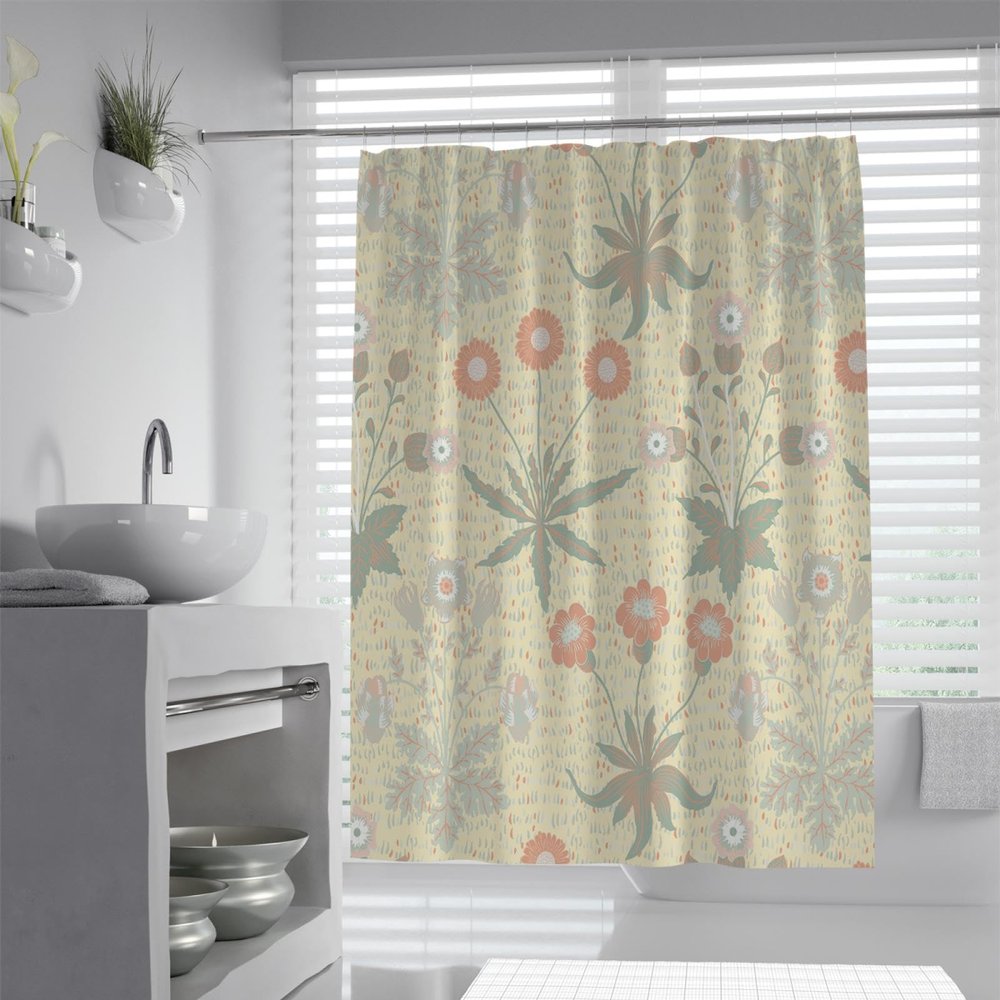 MUKULING William Morris Shower Curtain Set for Bathroom European Retro Plant Patterns Machine Washable Bath Shower Curtain Liners with Hook W72xL78in