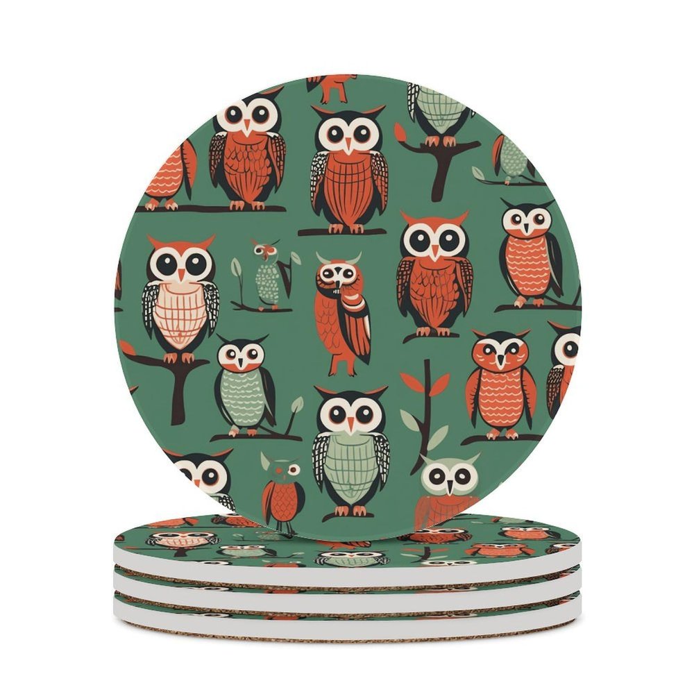 4PCS Drink Coaster Brown Owl Pattern Absorbent Coasters Set Coffee Table Coasters for Drink Coffee Cup Beverage Coasters Wine Beer Bar Coasters