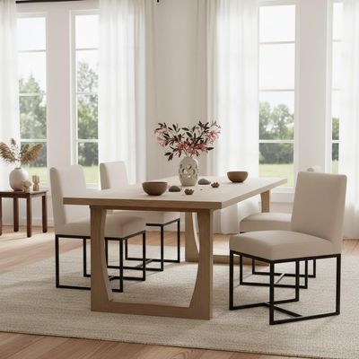 RIVOVA Mid Century Modern Dining Chairs Set of 4, Linen Upholstered Accent Side Kitchen Chairs for Dining Living Room, Comfy Makeup Vanity Chair, Cream