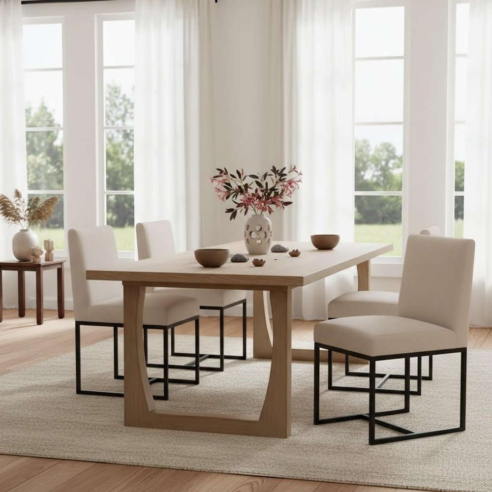 RIVOVA Mid Century Modern Dining Chairs Set of 4, Linen Upholstered Accent Side Kitchen Chairs for Dining Living Room, Comfy Makeup Vanity Chair, Cream
