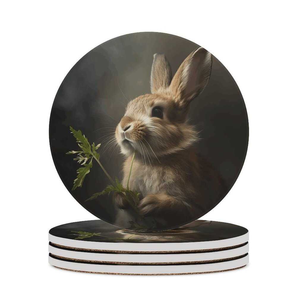 4PCS Drink Coaster Rabbit Eating Grass Absorbent Coasters Set Coffee Table Coasters for Drink Coffee Cup Beverage Coasters Wine Beer Bar Coasters