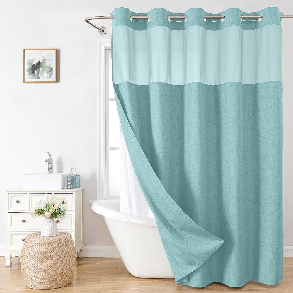 eachope No Hooks Needed Linen Textured Shower Curtain with Snap-in Fabric Liner Set,Hotel Luxury Decor Waterproof Shower Curtains for Bathroom with Mesh Top Window,Washable,71Wx74H,Teal