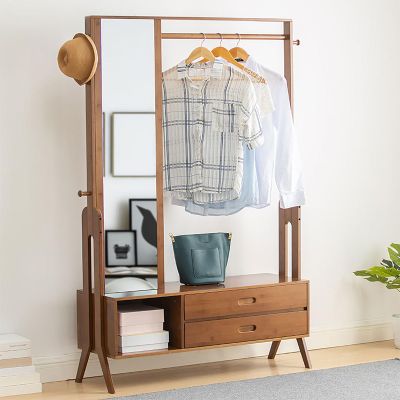 Bamboo Garment Rack Freestanding Clothing Rack with Shelves Hanging Rack with Mirror and Drawer for Bedroom Entryway, Support to 200lbs, 40.5 * 13 * 66.5inch