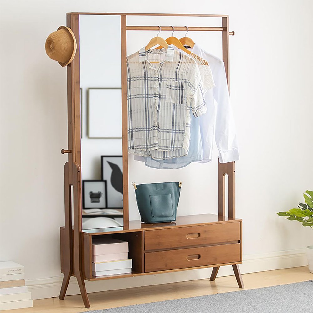 Bamboo Garment Rack Freestanding Clothing Rack with Shelves Hanging Rack with Mirror and Drawer for Bedroom Entryway, Support to 200lbs, 40.5 * 13 * 66.5inch