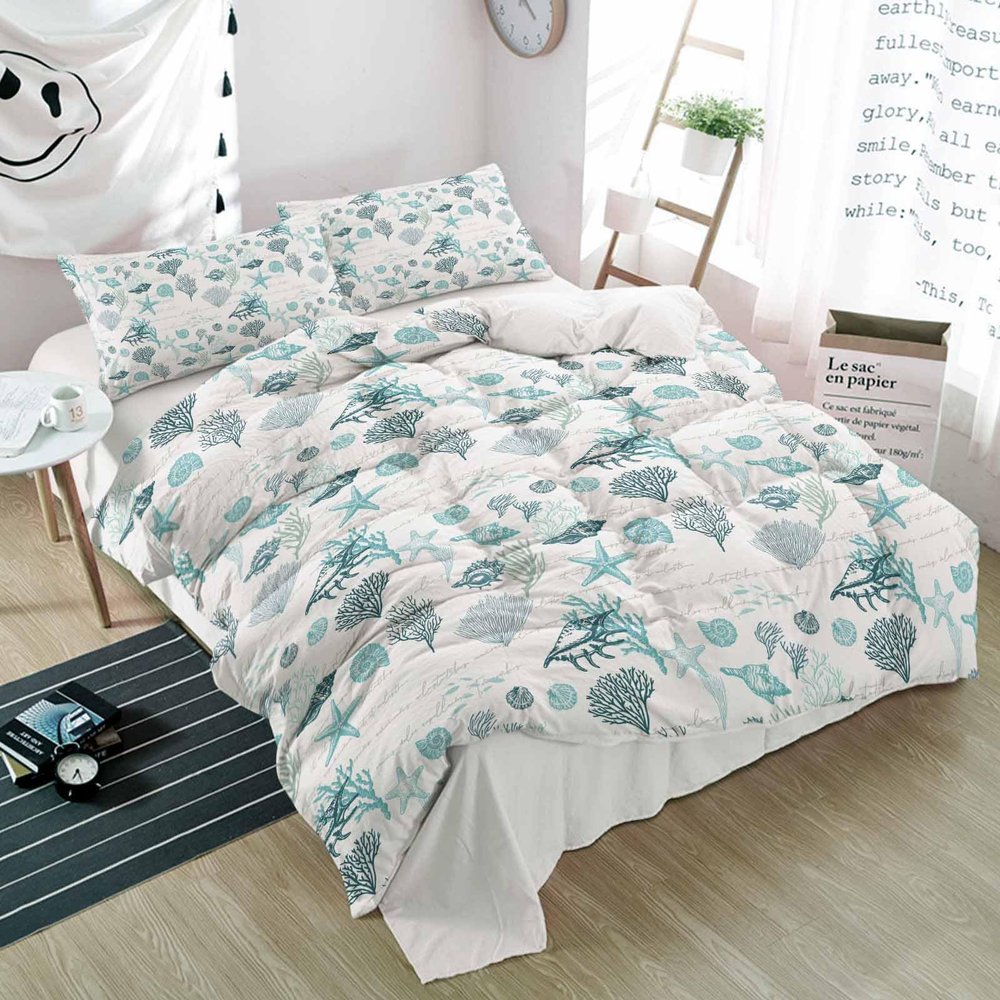 3 Pieces Cal KingBedding Duvet Covers Set Coast Coral Summer Ocean Nautical Soft Quilt Cover and Pillow Shams, Lightweight Comforter Cover Sets with Zipper Closure Beach Teal Seashells Starfish