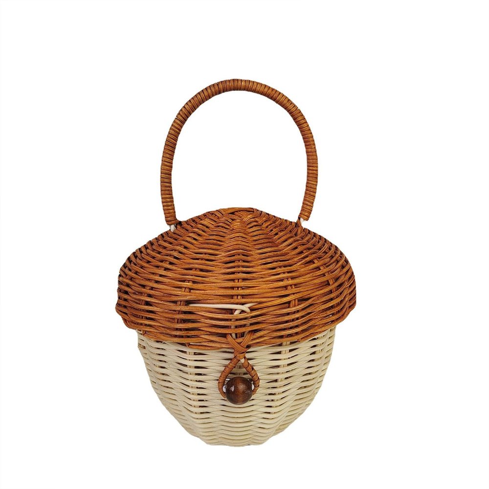 Hand Woven Rattan Storage Basket Cute Acorn Shaped Small Handbag with Handle Decorative Woven Basket for Boys Girls Photography Props Storage Ornaments