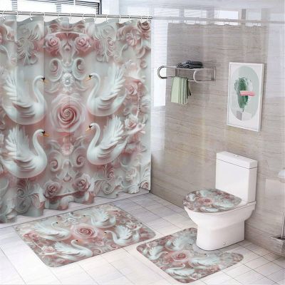 HDESDIS 4Pcs Rose Swan Shower Curtain Set with Rugs, Toilet Lid Cover and Bath Mat, Romantic Floral White Goose Animal Bathroom Curtains Decor Shower Curtains, 72" x 72"
