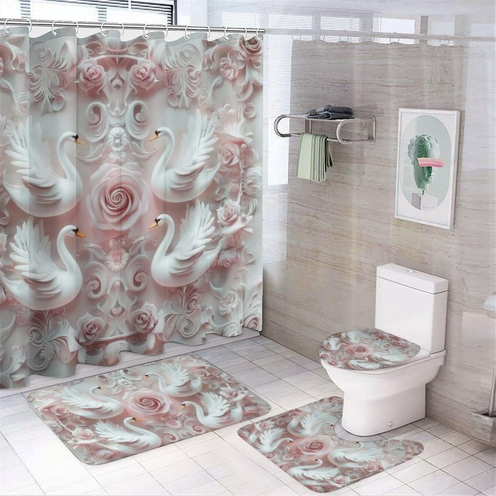 HDESDIS 4Pcs Rose Swan Shower Curtain Set with Rugs, Toilet Lid Cover and Bath Mat, Romantic Floral White Goose Animal Bathroom Curtains Decor Shower Curtains, 72" x 72"