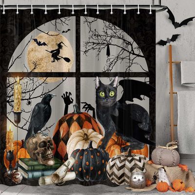 Jipusai Halloween Shower Curtain, Spooky Pumpkin Black Cat Cool Gothic Skeleton Skull Shower Curtain Set, Horror Scary Bats Raven Witchy Full Moon Fabric Bathroom Decor with Hooks, 72X84IN