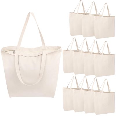 Segarty Canvas Bag with Zipper, 12 Pack 18x15 Blank Canvas Tote Bags for Women, Reusable Bags Aesthetic with Natural Cotton Cloth, Shoulder Strap, Bulk for DIY, Grocery, Beach, TravelGift