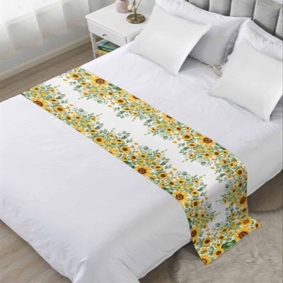 Yellow Sunflower Bed Runner Scarf Bedding Accessory For Queen Size Bed,Soft Bed Scarves And Runners Stainproof Bedroom Decor For Hotel Wedding Room,Green Eucalyptus Leaves Farm Floral 94"x20"