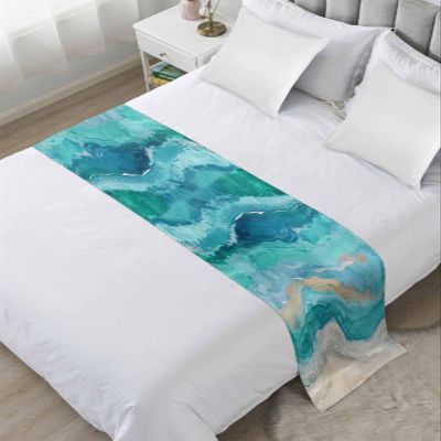 Abstract Turquoise Bed Runner Scarf Bedding Accessory For Cal King Size Bed,Soft Bed Scarves And Runners Stainproof Bedroom Decor For Hotel Wedding Room,Shabby Chic Summer Grey Beach Wave 102"x20"