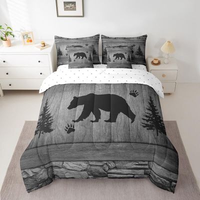 Manfei Rustic Bear Comforter Set 7 Pieces, Wild Animal Hunting Bedding Full for Boys Adults, Grey Wooden Plank Bed Set with 1 Comforter,1 Fitted Sheet,1 Flat Sheet,2 Pillowcases,2 Throw Pillow Cover