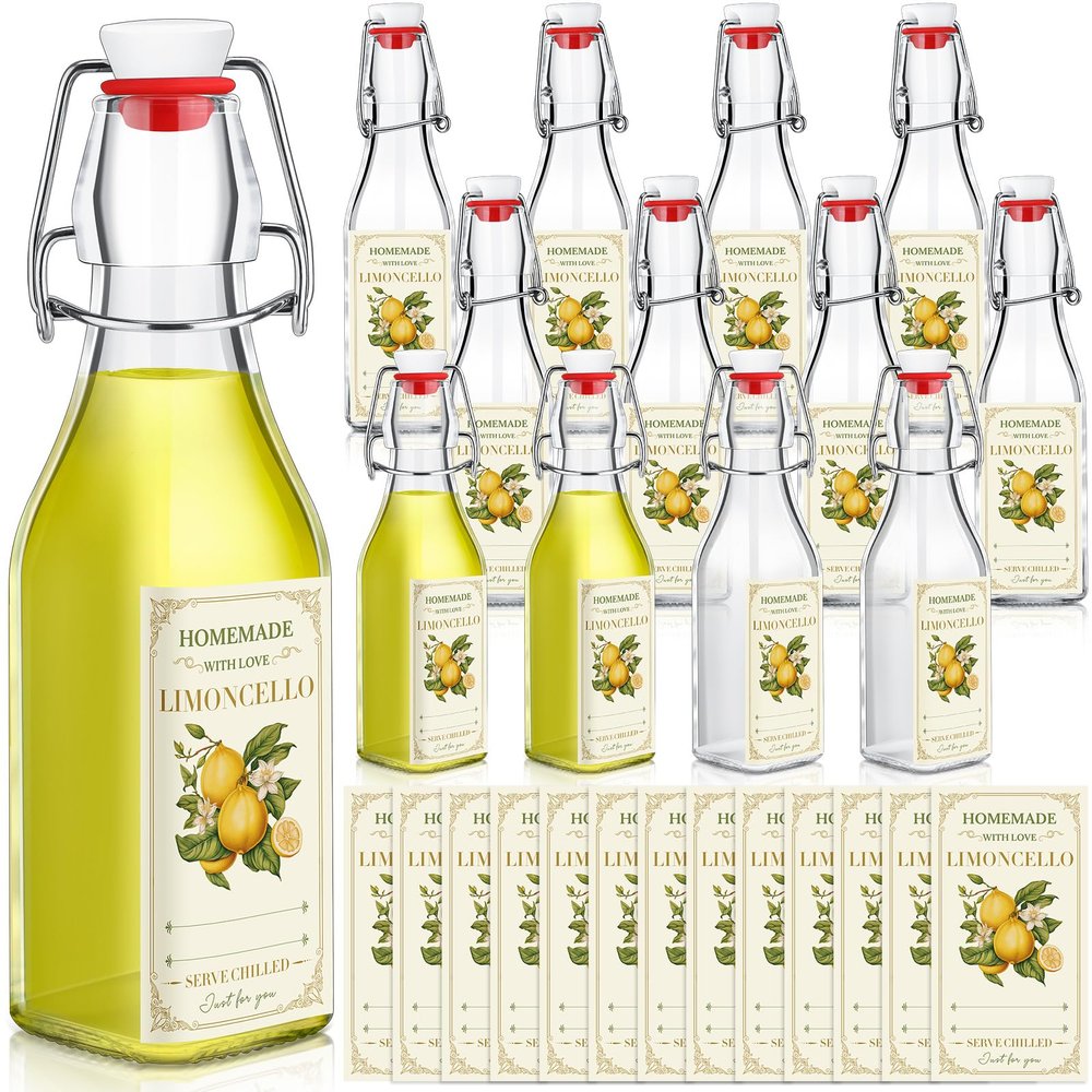 Havawish 12 Sets Limoncello Swing Top Glass Bottles for Homemade 8 oz Flip Clear Top Lemoncello Bottles with Labels Stoppers for Home Brewing Gifts Wedding Housewarming Party Favors(Square)