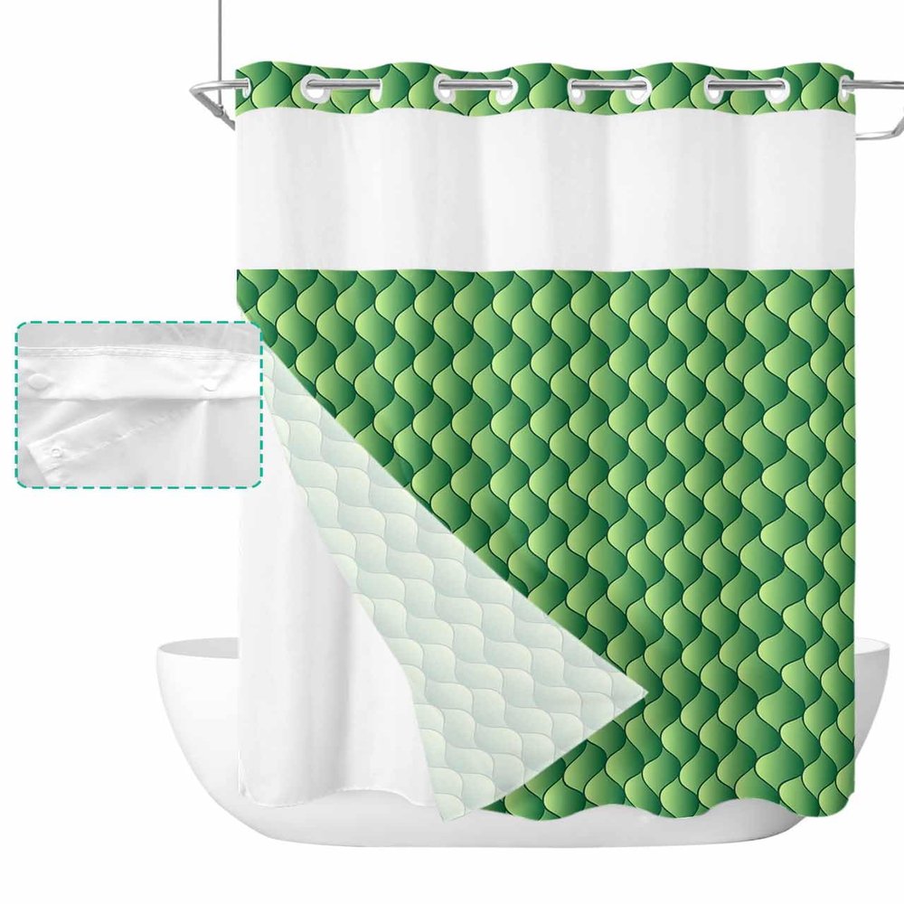 Abstract No Hook Shower Curtain with Snap in Liner, Summer Geometric Ombre Green Ocean Wave Hotel Shower Curtains for Bathroom, Washable Shower Curtain Liner Set with Mesh Top Window, 72"x84"