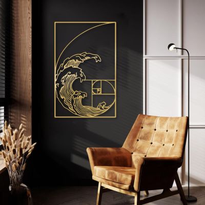 Ocean Wave Metal Wall Art, Fibonacci Spiral Metal Wall Decor, Fibonacci Wall Art, Modern Wave Wall Art, Abstract Wave Wall Art, Sea Wave Wall Art, Wall Decor Living Room (Gold, 59"x38" | 150x97cm)