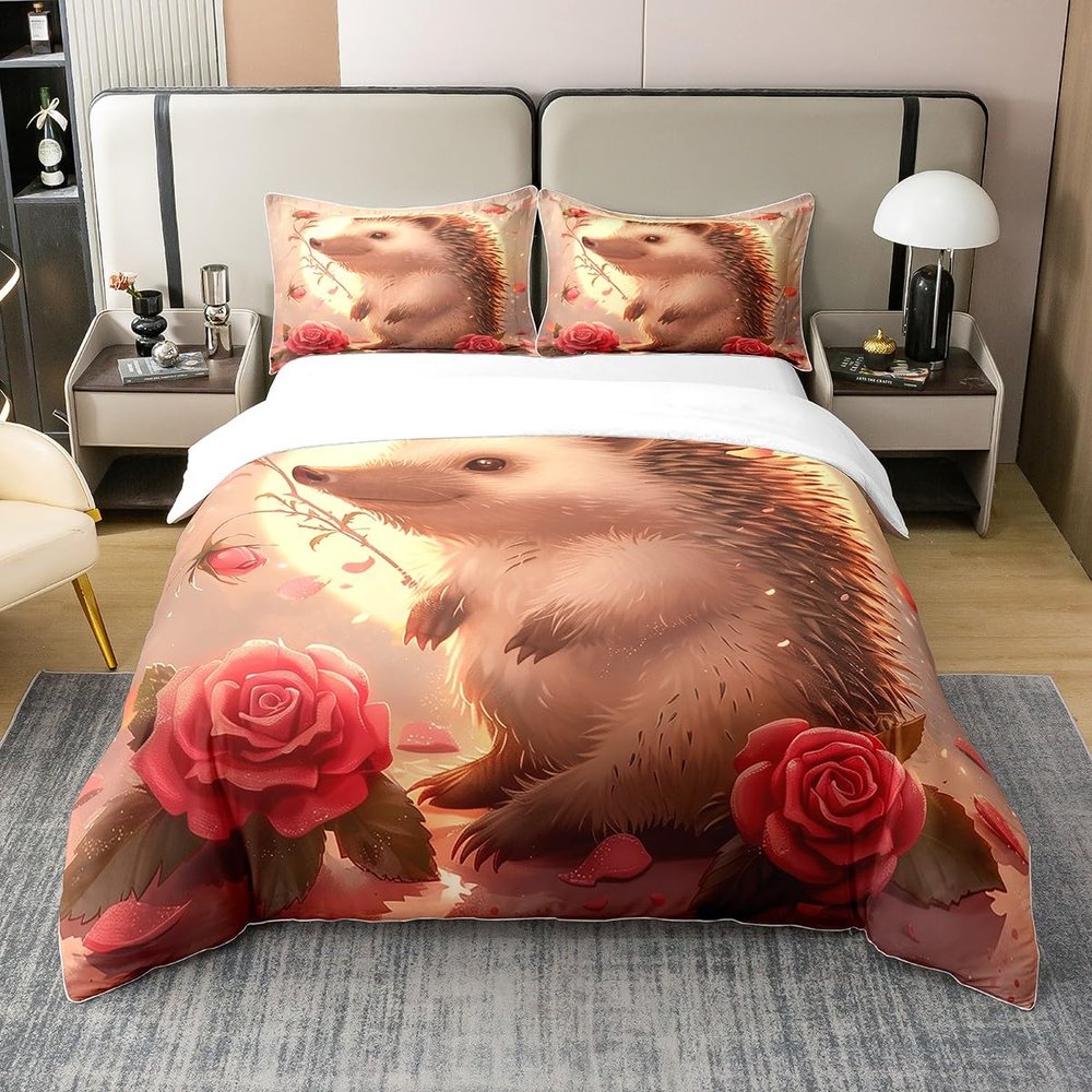 Erosebridal 100% Organic Cotton Cute Hedgehog Twin Duvet Cover,Cartoon Kawaii Hedgehog Bedding Set,Red Rose Sparkle Moon Comforter Cover,Spring Floral Woodland Animal Bed Set,with 1 Pillowcase