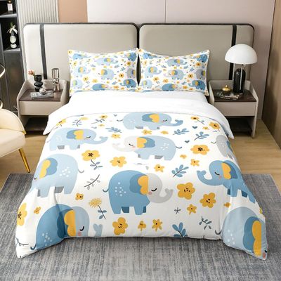 Erosebridal 100% Organic Cotton Cartoon Elephant Full Duvet Cover,Kawaii Blue Elephant Comforter Cover,Yellow Floral Flowers Leaf Bedding Set,Cute Woodland Safari Animal Quilt Cover,Soft Warm