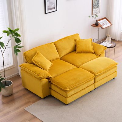 Corduroy Sectional Couch, 84 Width Oversize Loveseat Sofa, Comfy Plush Cloud Couch Lounge Chair with Ottomans and 2 Pillows for Small Spaces, Living Room, Bedroom, Office Easy to Install (Yellow)