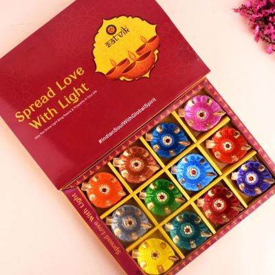 SATVIK 24 Pc Multicolor Clay Diya with Laxmi Charan Stickers Terracotta Dia Puja Vilakku Oil Lamp Natural Mitti Diya Tea Light Deepawali Navratri Pooja Dcorations Indian Housewarming Return Gift Item