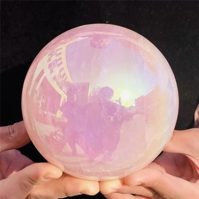 KatLin Natural Stone Angel Aura Crystal Sphere Ball Electroplated Natural Pink Rose Quartz Crystal Home Decoration(1300-1500g)