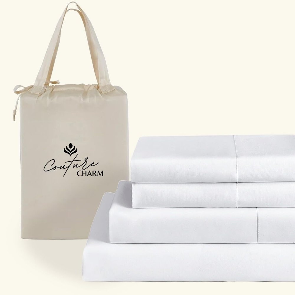 Couture Charm King Size 1000 Thread Count 100% Egyptian Cotton Sheet Set, 4-Piece, Sateen Weave, with 7-9" Deep Pocket Snug Fit (Solid, White)