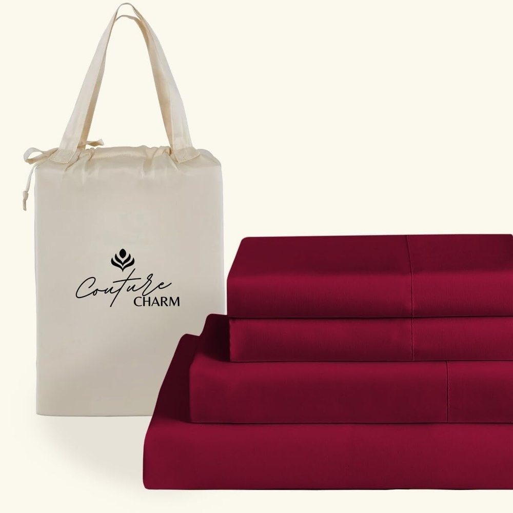 Couture Charm Queen Size 1000 Thread Count 100% Egyptian Cotton Sheet Set, 4-Piece, Sateen Weave, with 7-9"" Deep Pocket Snug Fit (Solid, Burgundy)