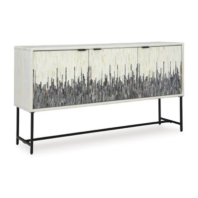 Signature Design by Ashley Freyton Urban Strip Patterned 3-Door Distressed Accent Cabinet with 2 Shelves and Cord Management, White & Gray