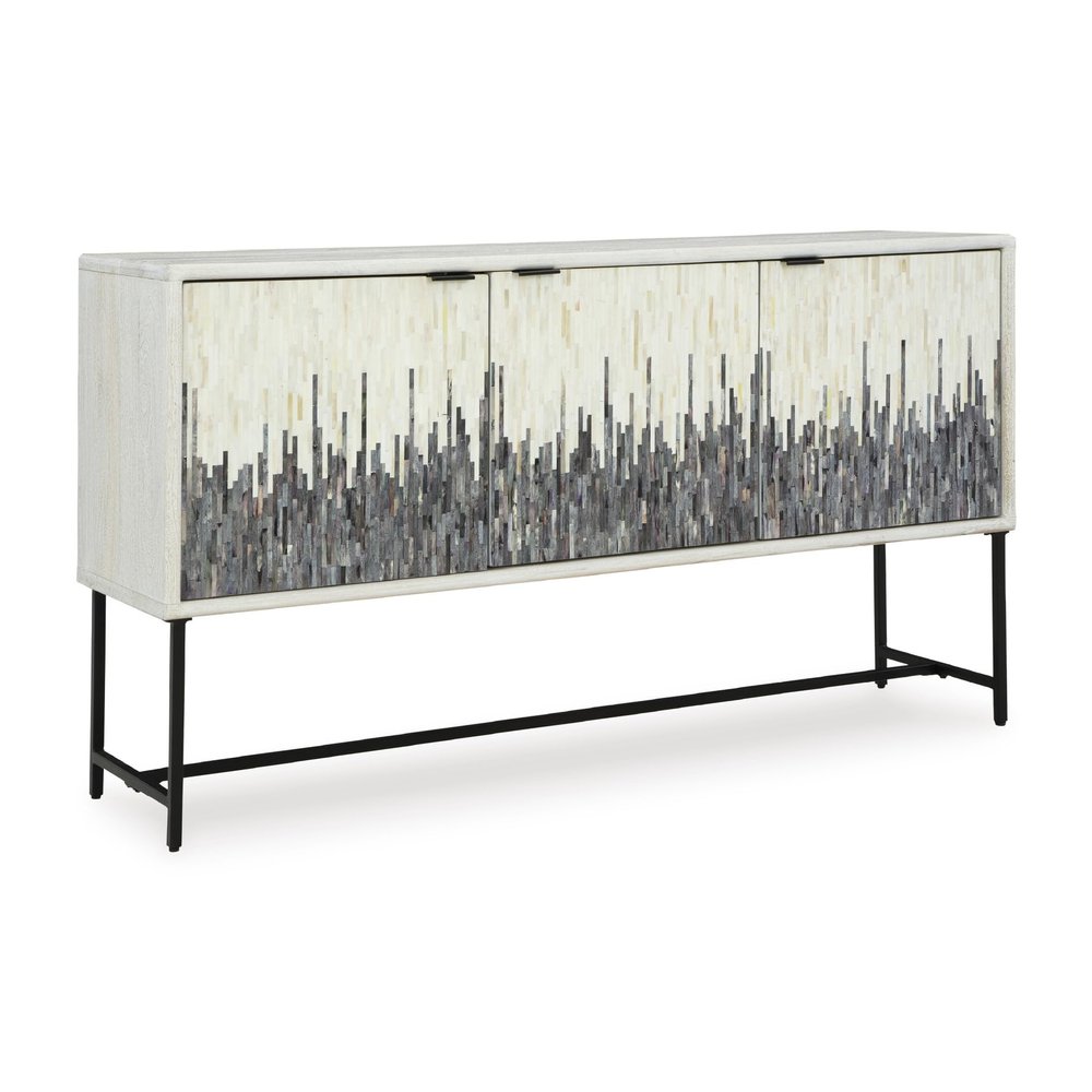 Signature Design by Ashley Freyton Urban Strip Patterned 3-Door Distressed Accent Cabinet with 2 Shelves and Cord Management, White & Gray