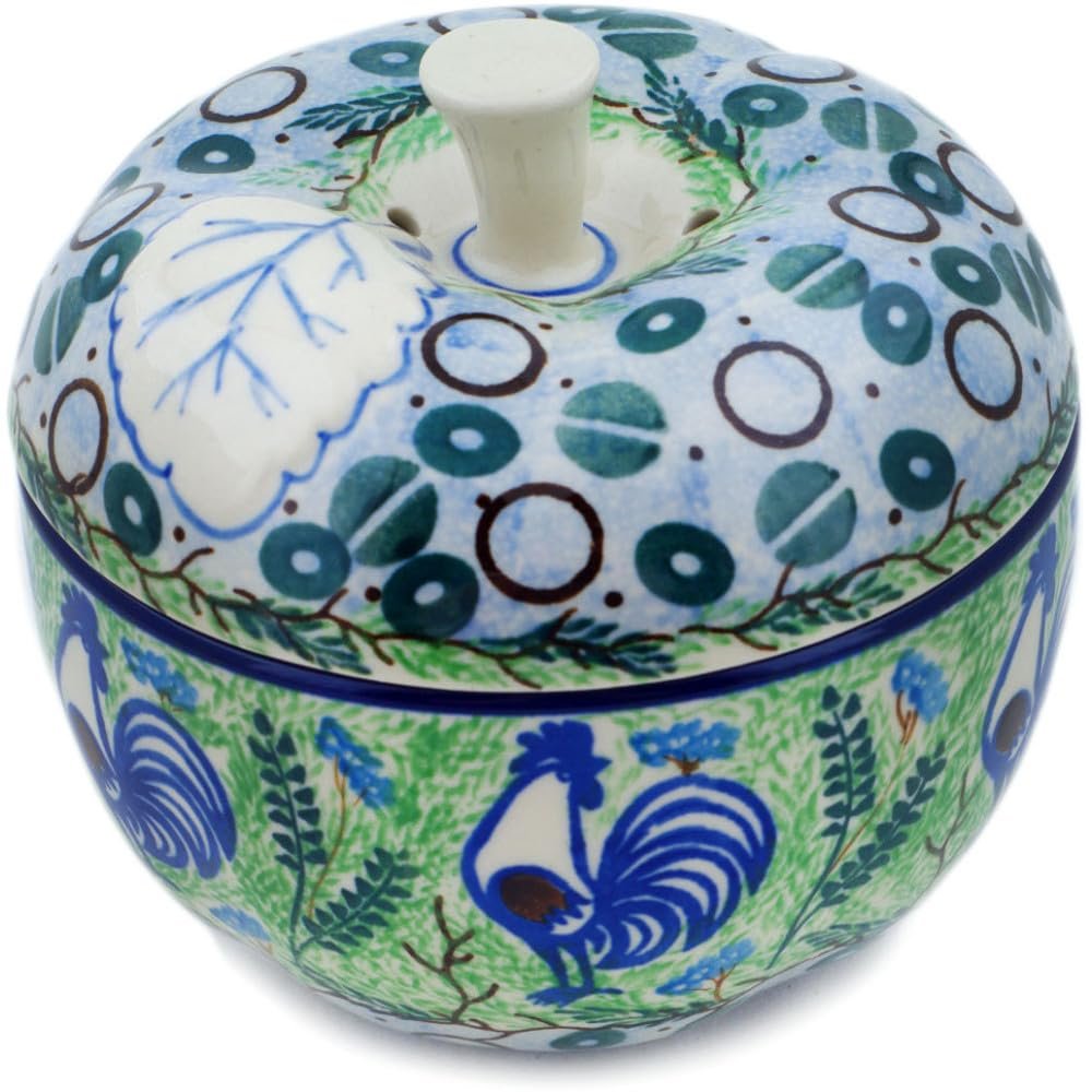 Polmedia Polish Pottery Apple Shaped Jar UNIKAT - Blue Rooster Pattern Handmade in Boleslawiec Poland by Ceramika Artystyczna + Certificate of Authenticity