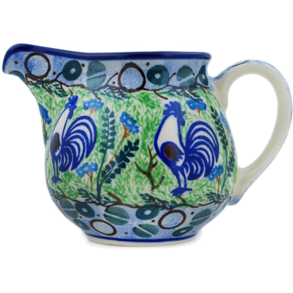 Polmedia Polish Pottery Creamer UNIKAT - Blue Rooster Pattern Handmade in Boleslawiec Poland by Ceramika Artystyczna + Certificate of Authenticity