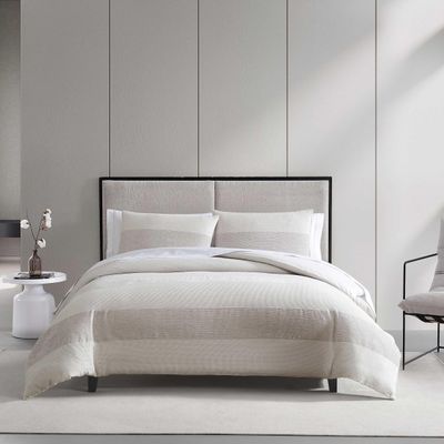 Vera Wang - King Duvet Cover Set, Textured Woven Bedding Set with Button Closure & Inner Corner Ties, 3 Piece Bed Set with Matching Pillowcases (Chenille Waffle Stripe Beige)