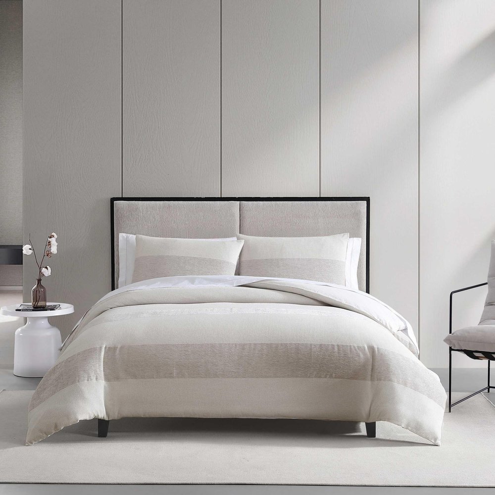 Vera Wang - King Duvet Cover Set, Textured Woven Bedding Set with Button Closure & Inner Corner Ties, 3 Piece Bed Set with Matching Pillowcases (Chenille Waffle Stripe Beige)