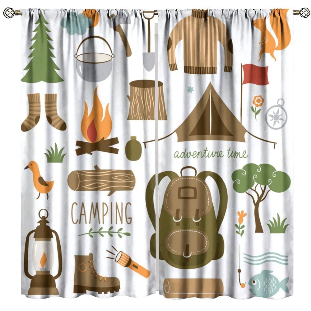 Adventure Curtains for Kitchen, Camping Equipment Sleeping Bag Boots Campfire Shovel Hatchet Print Window Drapes for Farmhouse Bedroom Cafe Decor, 72" W X 63" L, Blackout