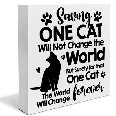 MATou Animal Rescue Sign Cat Wooden Box Sign Saving One Cat Will Not Change the World Desk Decorative Wooden Sign Home Decor for Desk Table Shelf 7 x 7 Inches