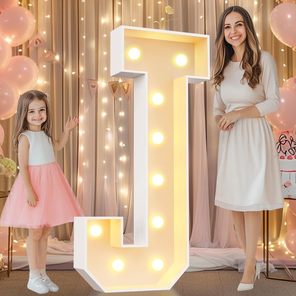 Pooqla 4 FT Marquee Light Up Letters, Marquee Letter Lights 4 Feet Tall, Giant Letter Sign Big Mosaic Letters for Balloons Birthday Party Anniversary Wedding Decorations, Warm White Letter J