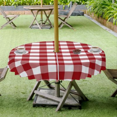 60 Inch Round Outdoor Tablecloth with Umbrella Hole and Zipper, Buffalo Check Plaid Waterproof Patio Cloth Tablecloths, Red and White Buffalo Plaid Farmhouse Outdoor Table Cloths for Picnic/Party